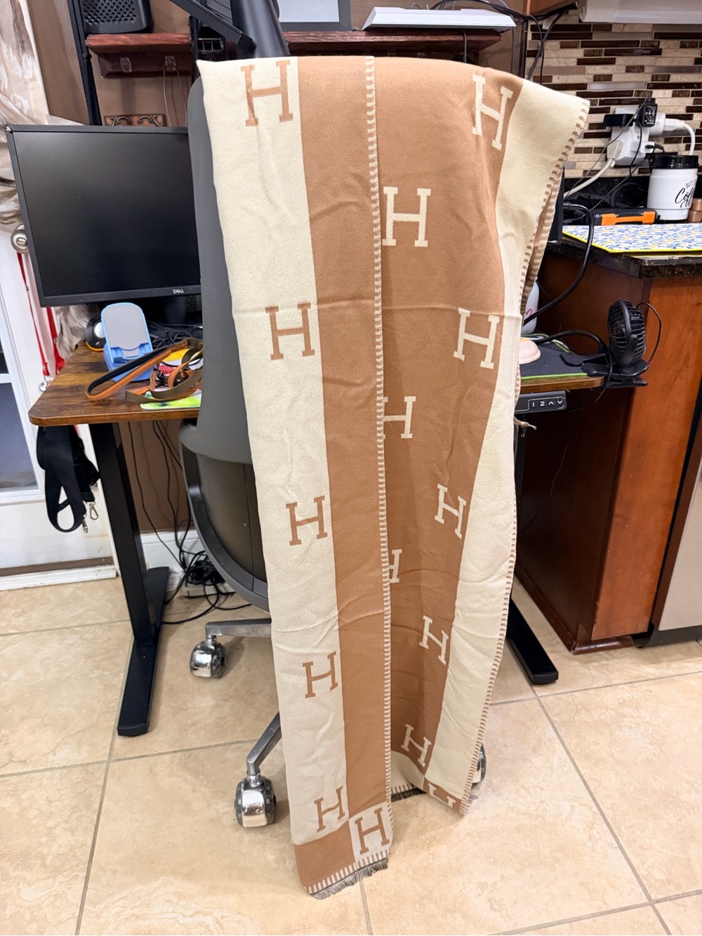 Hermes Beige & Tan H Logo Blanket Scarf